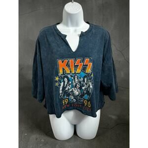 Kiss Band Tee Sz XL Blue Distressed New York City Concert 1996 Short Sleeve